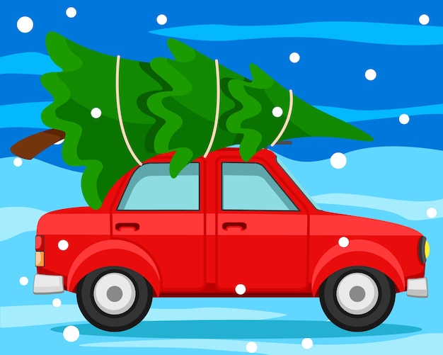 The car carries a Christmas tree on a winter background. Christmas background