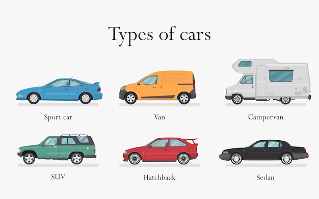 Car . Cars set. Flat style. Side view, profile. Types of cars