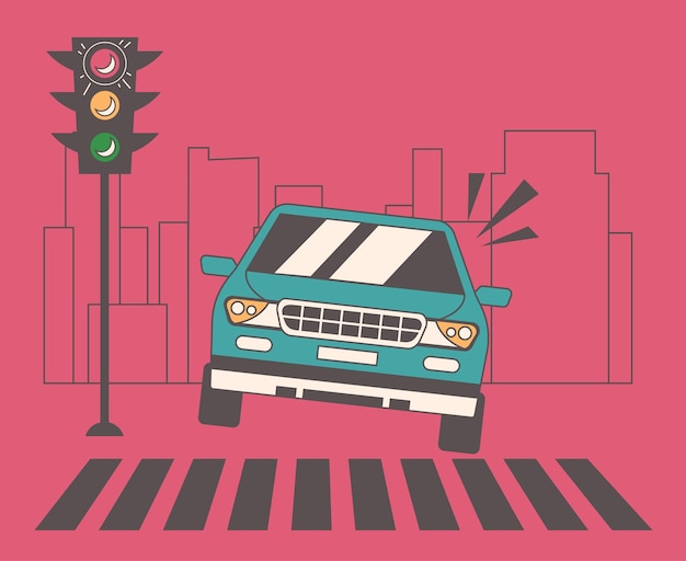 Car crash accident on red traffic light concept graphic design illustration element