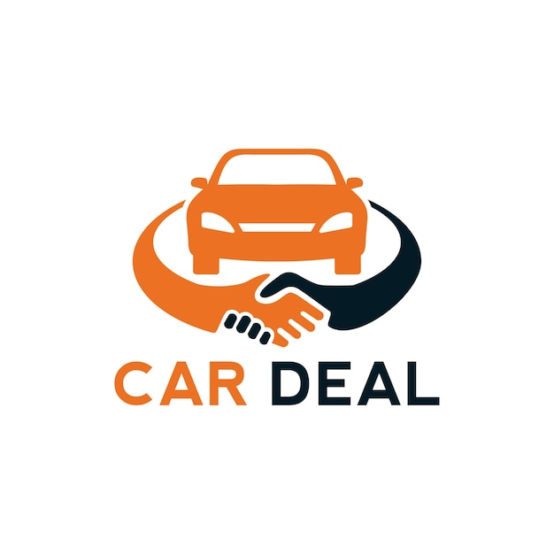 Car deal logo design template element with car and handshake illustration