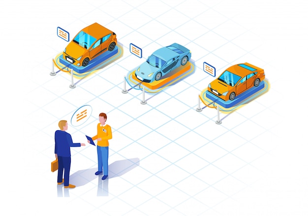 Car dealership isometric illustration