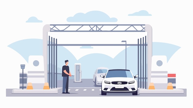 Vector car driving through entrance with barrier urban scene