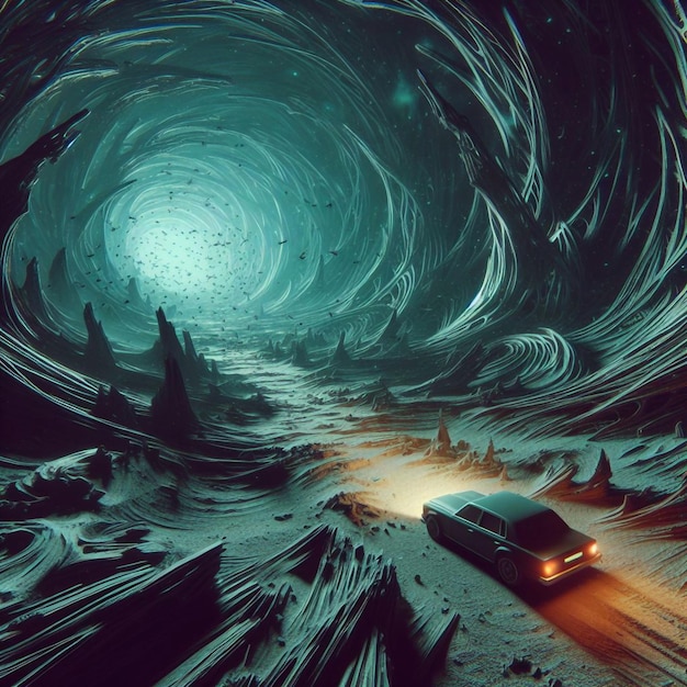 Vector car driving through a futuristic abstract cave with twinkling lights