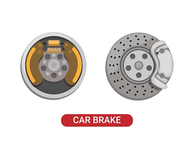 Car Drum and Disc brake comparison automotive part mechanical symbol set illustration vector