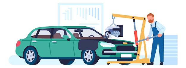 Car engine repair. Service worker disassembling vehicle. Vector illustration