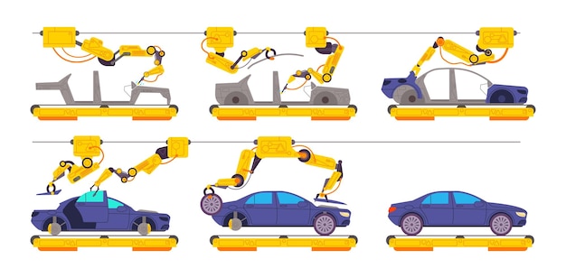 Vector car factory assembly automotive plant cars manufacture line industrial conveyor machinery process automatic assemble automobile auto motor production splendid vector illustration