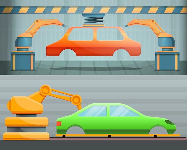 Car factory illustration set on cartoon style