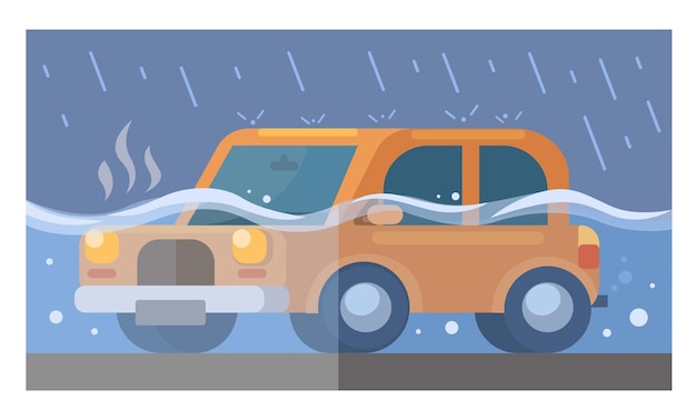 Car flood car submerged in flood in heavy rain car disaster and accident scene cartoon illustration