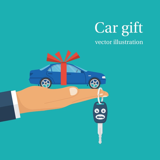 Car gift concept. Man holding in hand on palm auto with red ribbon. Vector illustration flat design. Best offer cars for sale, rent, template. Isolated on background. Presentation, show vehicle.