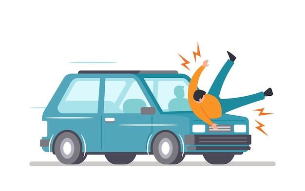 Car Hit Pedestrian on Road, Accident with Automobile and Person in City, Health Insurance, Safety on Road Concept. Dangerous Situation with Transport, Drunk Driver Victim. Cartoon Vector Illustration