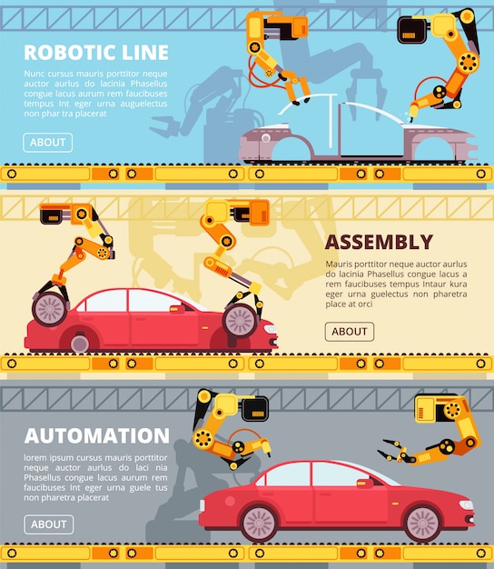 Car industry assembly line. Auto production factory with industrial robots. Automobile manufacturing vector banners set