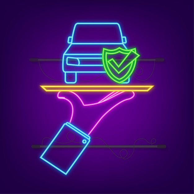 Car insurance contract document over hands Neon style Shield icon Protection