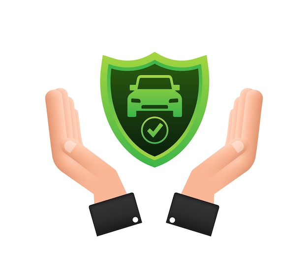 Car insurance contract document over hands. Shield icon. Protection. Vector stock illustration.