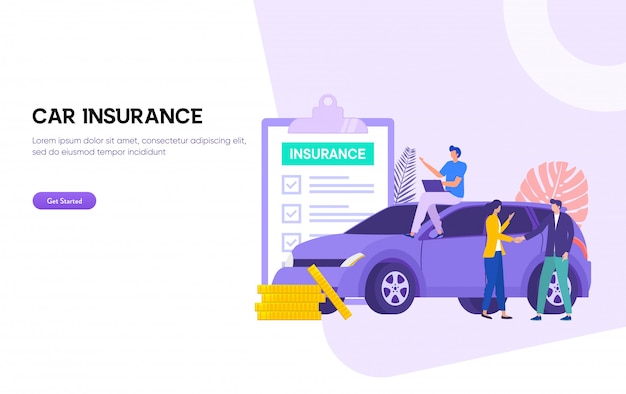 Car insurance  illustration  . man and woman deal withh insurance agent and signing form, 