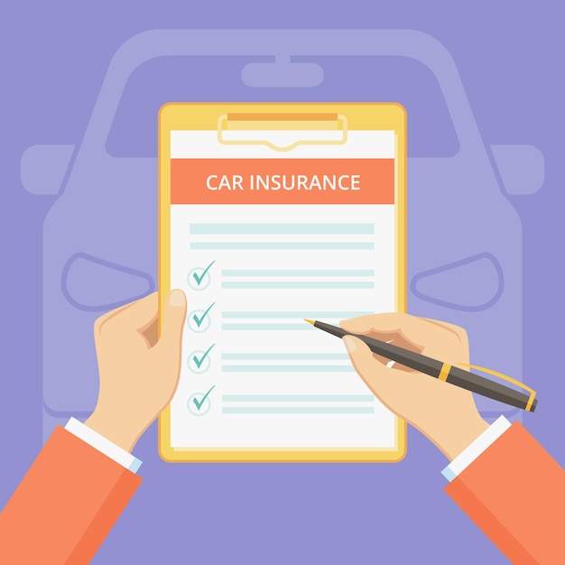 Car insurance policy on clipboard with hands banner illustration vehicle insurance plan vector