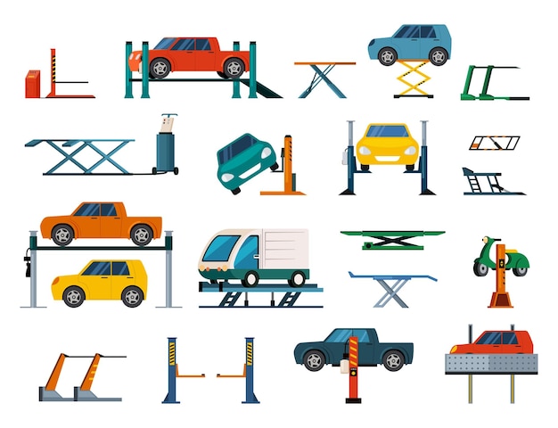 Car lifting mechanical and electrical platforms lifting cars Vector colored pictures