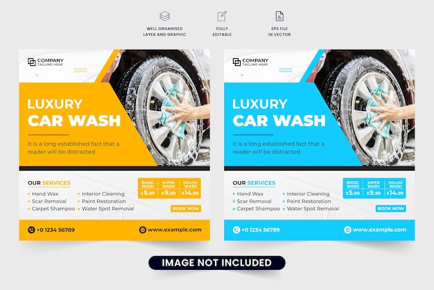 Car maintenance service promotional poster design with yellow and blue colors Vehicle repair and cleaning business web banner template for digital marketing Car wash social media post vector