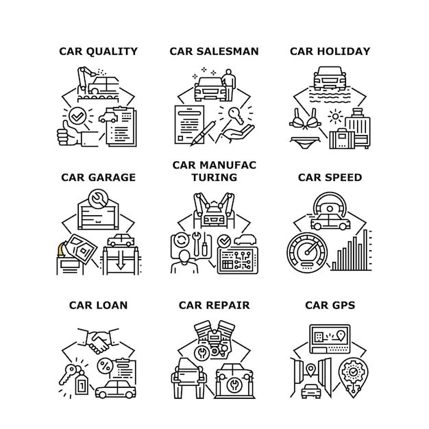 Car Manufacturing Set Icons Vector Illustrations