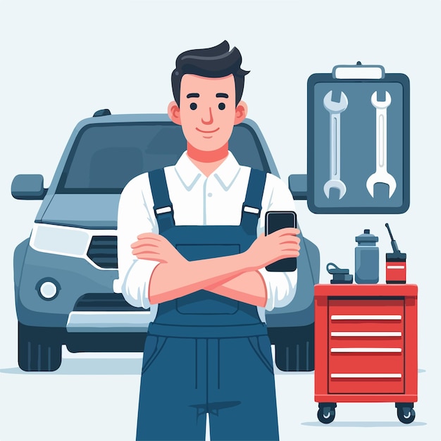 Vector car mechanic character with flat design style