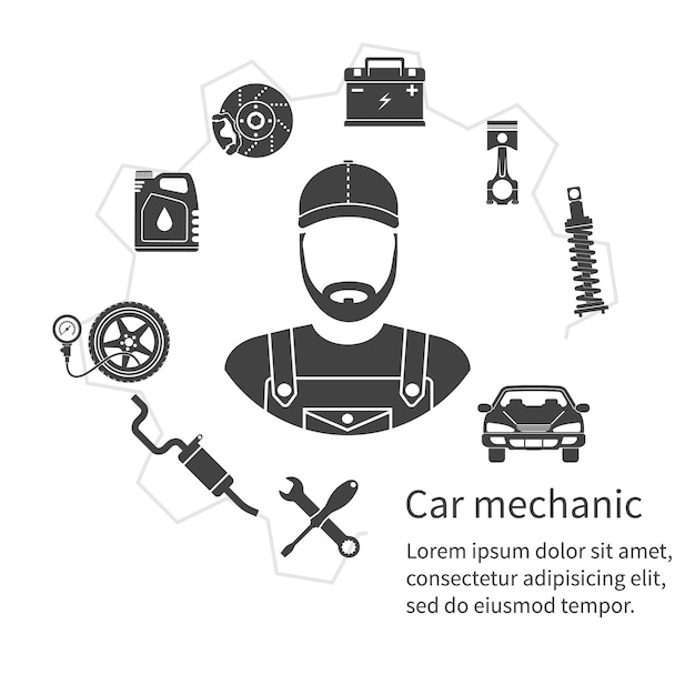 Car mechanic icons tools and spare parts concept Repair machines equipment Car service concept Vector illustration Auto mechanic icon Repair car design Black icons on white background