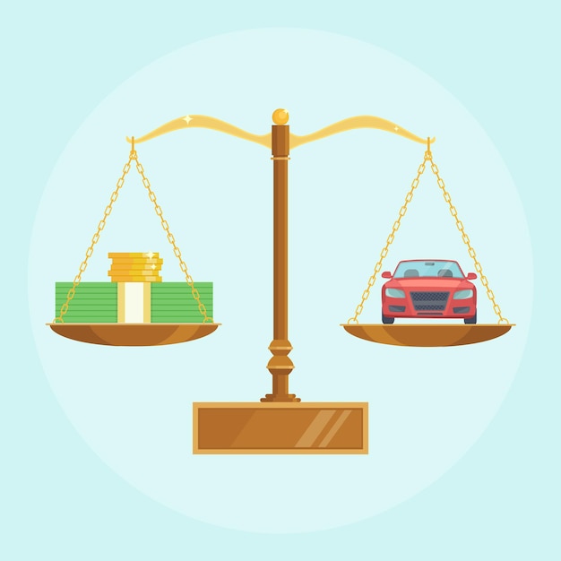 Car and money on balance scales. Buying auto, vehicle purchase. Dollar stacks and gold coins