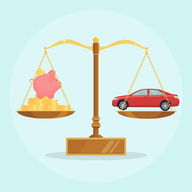 Car and money on balance scales illustration