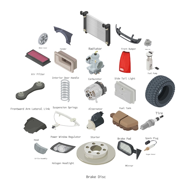 Car parts icons set, isometric style