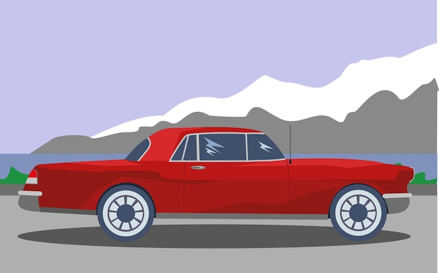 Car on a pleasant background of sea and mountains. Vector illustration.