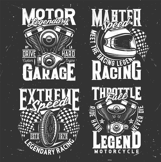 Car races speed fast sport emblems or motorcycle racing tshirt prints vector Motorcycle races flag with motor speedway wheel and moto engine custom bike chopper and throttle garage signs