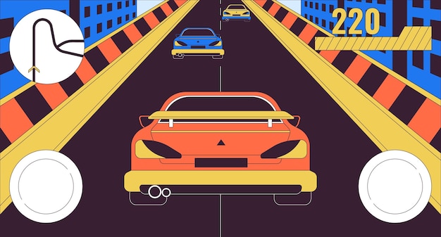 Car racing simulator game 2D linear illustration concept