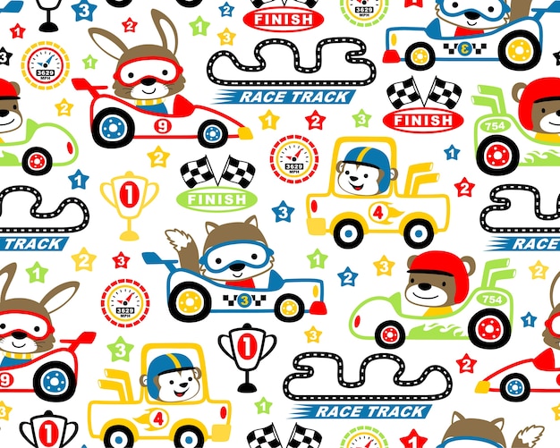 car racing theme set cartoon on seamless pattern vector