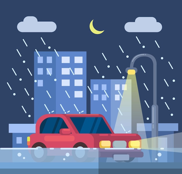 Car at raining night and flood disaster scene illustration vector