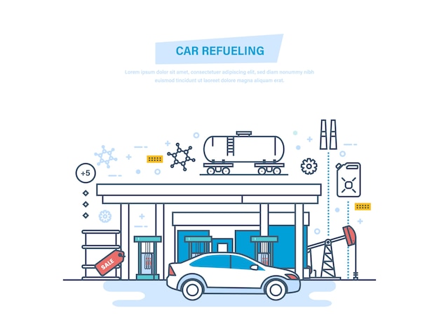 Car refueling with gasoline at filling station  thin line 