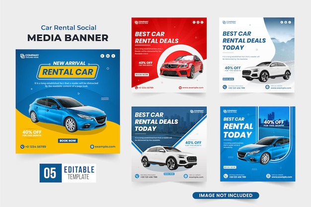 Car rental deal template bundle for business advertisement Automobile and rent a car business web banner set design with blue and yellow colors Car rental social media post vector collection