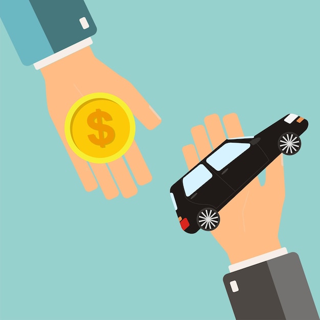 Car rental or sale concept Hand holding car another hand holding money Vector illustration