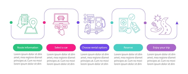 Car rental service vector infographic template Automobile leasing Carpooling Rent a car Data visualization with five steps and options Process timeline chart Workflow layout with icons