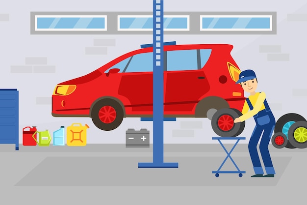 Car repair service auto mechanic character changing wheel in red car lifted on autolifts vector