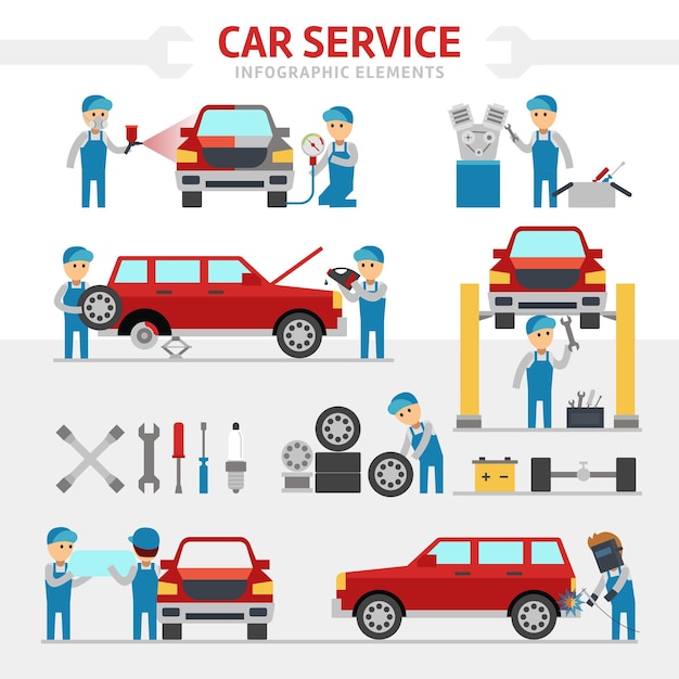 Vector car repair service falt vector illustration infographic elements