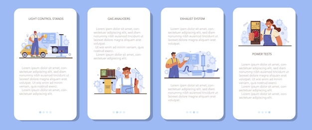 Car repair service mobile application banner set. Automobile service diagnostic equipment. Car workshop mechanic in uniform using a special tools for car checking. Flat vector illustration.