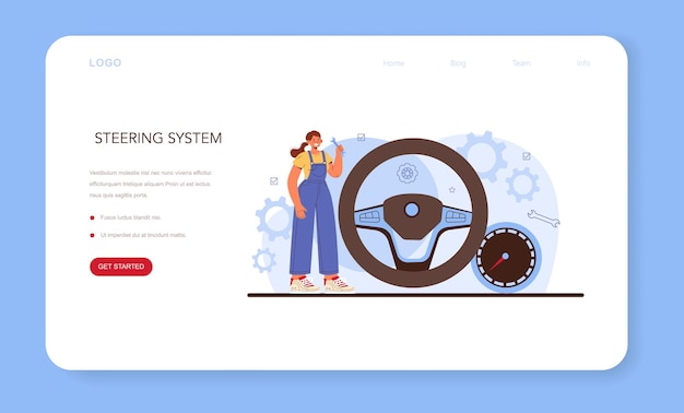 Car repair service web banner or landing page. Automobile components got fixed in car workshop. Mechanic in uniform check a vehicles steering system and repair it. Flat vector illustration.