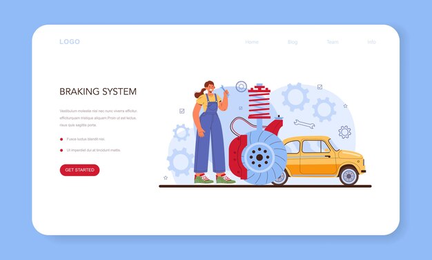 Vector car repair service web banner or landing page. automobile's brake pads got fixed in car workshop. mechanic check a vehicle's braking system. car full diagnostics. flat vector illustration.