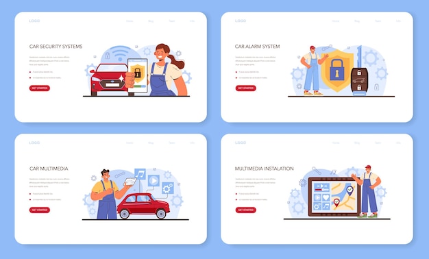 Car repair service web banner or landing page set automobile multimedia