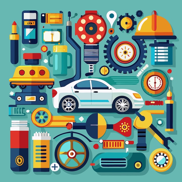 Car repair and service with various equipment tools and parts