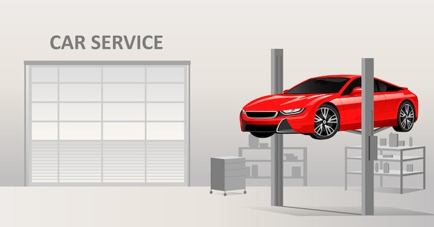 Car repair service Workshop with twopost lift for repair cars automobiles Vector illustration