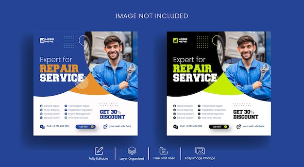 Car repair shop services social media banner and Instagram post or ads template design