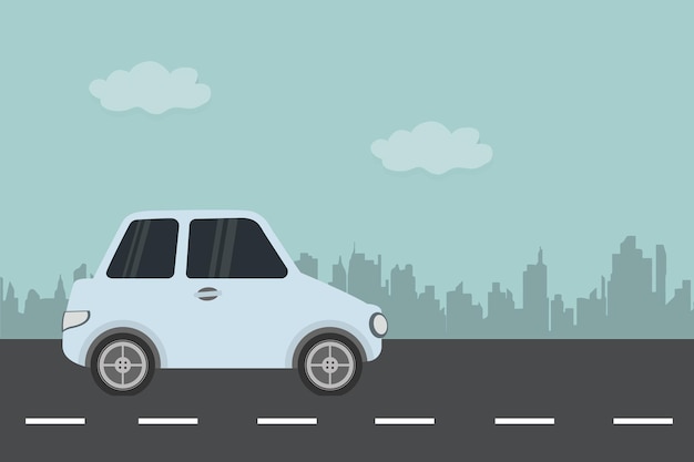 Car on road with city background. Vector illustration.