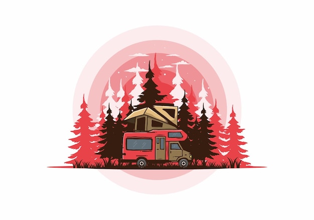 Car roof camping in the jungle illustration