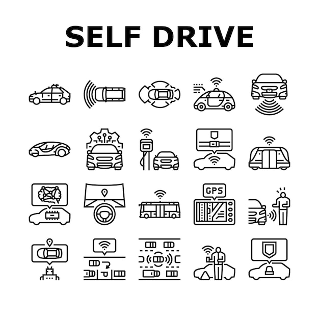 Car self vehicle drive smart auto icons set vector