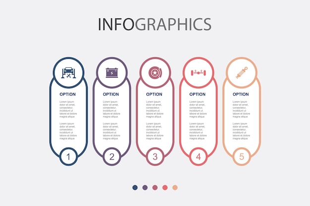 Car service battery disk brake suspension shock absorber icons Infographic design template Creative concept with 5 steps
