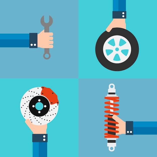 Car service flat design set with wheelshock absorberbrake diskVector Illustration